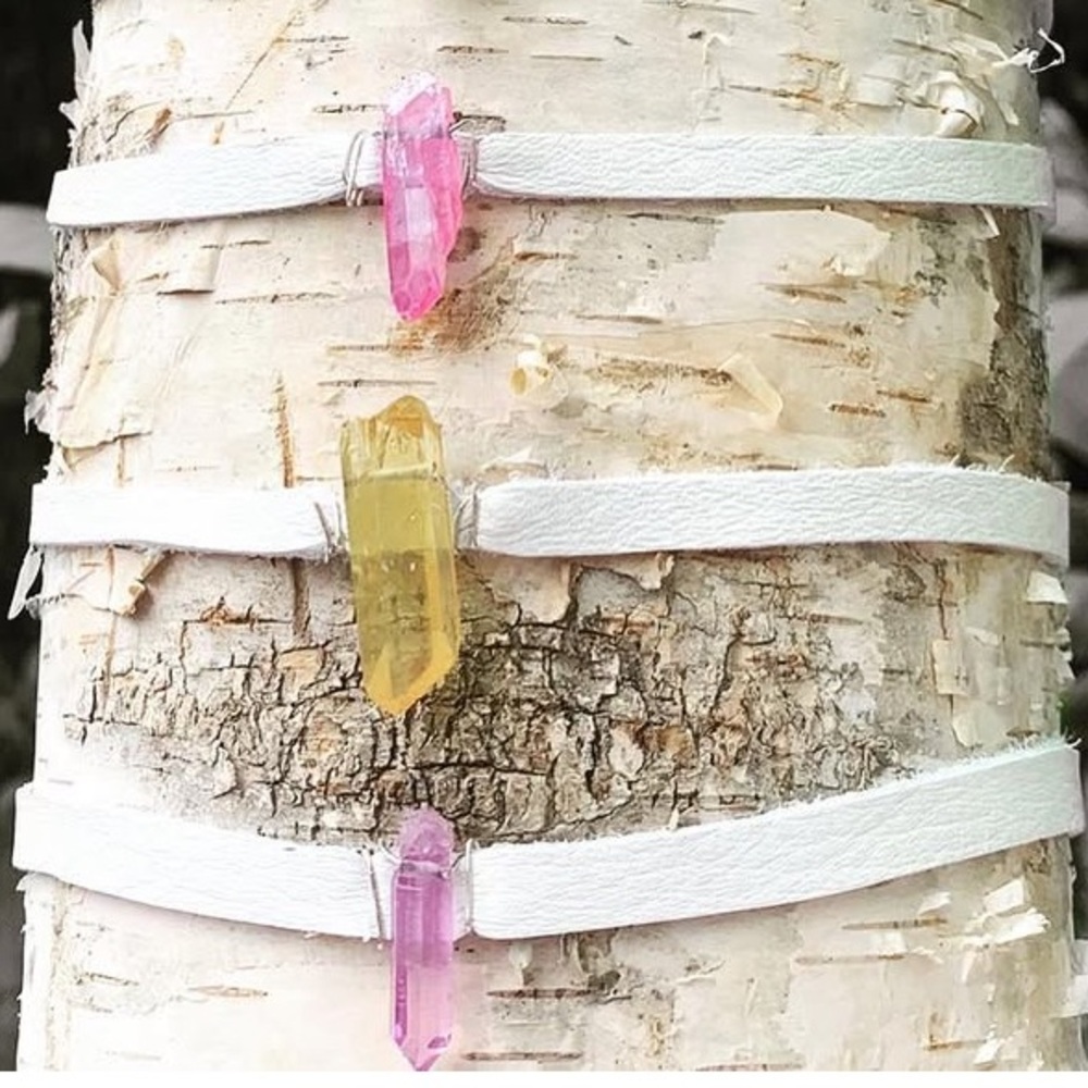 Small purple/pinkish Crystal White Crystal white leather wrap necklace/bracelet